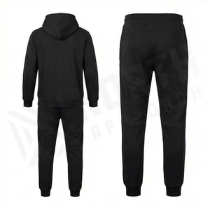 Ensemble de survêtement noir à capuche pour homme, sweat-shirt zippé et pantalon de jogging, couleur unie décontractée, 100 % coton respirant, idéal pour l'automne - Product Image 2