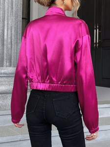 Womens Satin Bomber <b>Jacket</b> Hot Pink Cropped Zip Up Stand Collar Shiny Silky Lightweight Party Outerwear Custom - Product Image 2