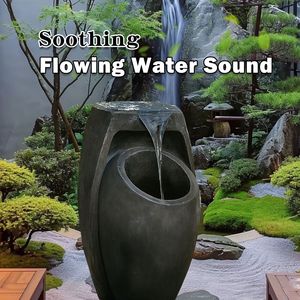 Fontana a cascata moderna da 21,5 piedi (6,5 m) per interni/esterni, a due livelli, da giardino/patio, design in pietra, da terra - Product Image 5
