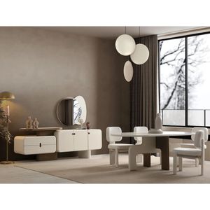 Modern Luxury Solid Teak Wood Dining Room Set Cream Oval <b>Table</b> 4 Chairs Minimalist Kitchen Sideboard <b>Buffet</b> Cabinet Home - Product Image 1