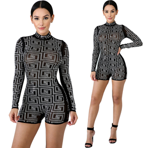 Mono de mujer negro con pedrería geométrica, manga larga, cuello alto, cintura alta, transparente, de spandex, sexy, ajustado para discoteca - Product Image 1