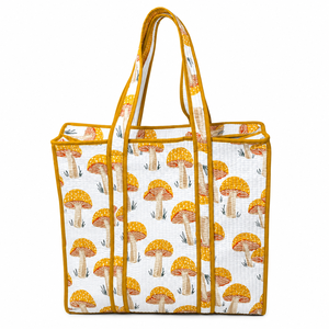 Water Resistant Quilted Cotton Tote <b>Bag</b> Mushroom Print <b>Foldable</b> Design Zipper Closure-Vintage Style Large Capacity for <b>Beach</b> - Product Image 2
