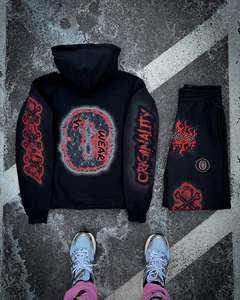 Ensemble sweat à capuche et pantalon de survêtement surdimensionné pour homme, style streetwear, imprimé DTF, coupe courte, délavé à l'acide, orné de strass - Product Image 2
