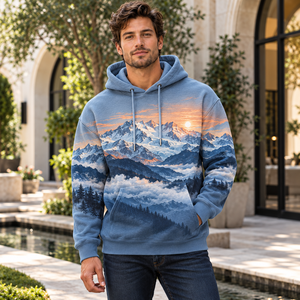 Herren Grafik-Hoodie aus Baumwollfleece Elfenbein-Grün Blätterdruck Pullover Pflanzen-Grafik Lässiger Sweatshirt Trendige Oberbekleidung - Product Image 4