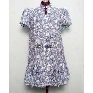 Vestido Mini de Mujer de Algodón Tejido con Estampado Digital, Cuello en V, Manga Corta, Cintura Alta, Corte en A, Floral, Lavable, Transpirable, para Oficina - Product Image 1