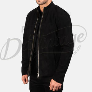 Chaqueta de cuero de gamuza negra para hombre, piel de oveja auténtica, corte ajustado, estilo casual para otoño e invierno, tipo bomber, con cierre de cremallera. - Product Image 5