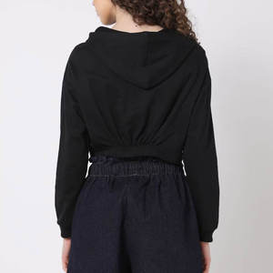 Women's <b>Black</b> <b>Cropped</b> Hoodie Casual <b>Long</b> <b>Sleeve</b> Drawstring Fleece Front Logo Top Solid - Product Image 3