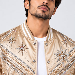 Chaqueta Varsity de Satén con Pedrería para Hombre, Chaqueta Bomber de Lujo Brillante con Diseño de Estrella de Cristal, Ropa de Calle Moderna, Informal de Invierno - Product Image 6