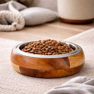 Wholesale Hs Husnain Crafts <b>Dog</b> Cat Feeder with 1 Stainless Steel <b>Bowls</b> and Mango Wood Raised <b>Stand</b> with Removable Insert - Product Image 1