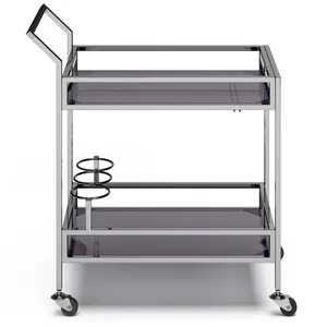 Chariot de bar moderne en métal avec étagères en verre fumé et porte-bouteilles, design rectangulaire minimaliste, chariot de service durable pour les fêtes - Product Image 1