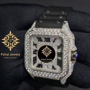 Montre de luxe Pahal Jewels avec diamants carrés, boîtier en acier inoxydable, bracelet en cuir, mouvement mécanique analogique, 40 mm, 20 mm, verre saphir - Product Image 2