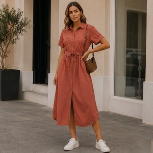 Vestido Camisero de Chambray con Cinturón, Manga Corta, Maxi, Casual, Verano, Cuello con Solapa, Dobladillo Recto, Corte Holgado - Product Image 5