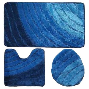 Blue Striped Cotton Bath <b>Mat</b> <b>Set</b> 3 Piece Non Slip Rectangle U Shape Round Modern Tufted Thick <b>Bathroom</b> Rug - Product Image 6