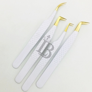 Top Sale <b>Eyelash</b> Tweezers White Color Golden Tip <b>Mink</b> <b>Eyelash</b> <b>Extension</b> Volume Tweezers Stainless Steel Curved Tweezers - Product Image 3