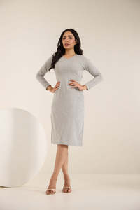 Vestido Midi Gris Sencillo de Punto, Cuello Redondo, Manga Larga, Estilo Tubo, Casual, para Uso Diario, Transpirable, Corte Regular, Color Sólido, Manga Completa - Product Image 4