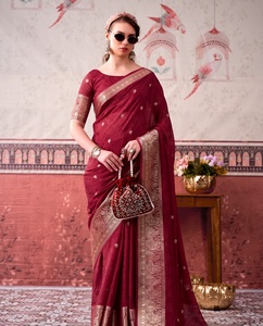 Sari indien traditionnel ethnique décontracté en soie chinon avec broderie Zari imprimée et matériaux recyclés pour tenue quotidienne féminine - Product Image 1