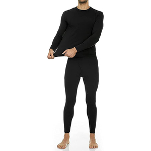 <b>Men's</b> Black Long Sleeve <b>Thermal</b> Underwear Set Breathable Spandex Cotton Elastic Waist O-Neck Full Length Compression Base Layer - Product Image 3