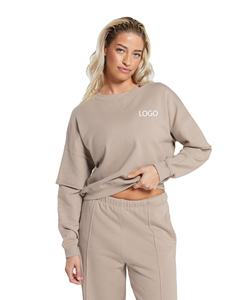 Beige Sudadera de cuello redondo de gran tamaño 100% algodón 350GSM suéter de hombro caído de peso pesado sólido manga larga Casual Streetwear Top - Product Image 1