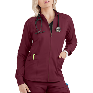 Blouse d'hôpital en polyester tricoté bordeaux pour femme avec poches - Product Image 1
