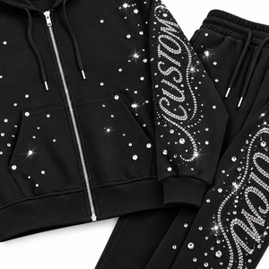 Custom 3D Rhinestone Front Logo Hoodie Jogger Set Men Black Zip-Up Sweatshirt Full-Length Sweatpants Streetwear Polyester/Cotton - Product Image 5