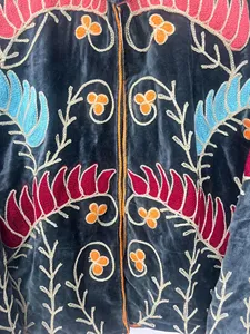 <b>Women</b>’s Traditional Suzani Embroidered <b>Velvet</b> <b>Jacket</b> Multicolor Floral Pattern With Stand Collar Long Sleeves Boho Winter Coat - Product Image 5