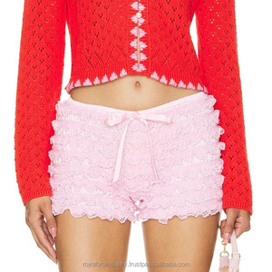 Mujeres de talla grande Sexy encaje con volantes pantalones cortos calientes vacaciones playa club nocturno Streetwear bombachos Casual otoño malla escalonada Bowknot - Product Image 5