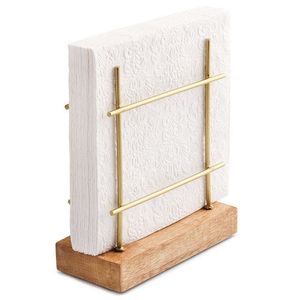 Porte-serviettes de table, distributeur de serviettes en métal filaire avec base en bois pour comptoir de cuisine, support de table contemporain couleur laiton pour salle à manger - Product Image 3