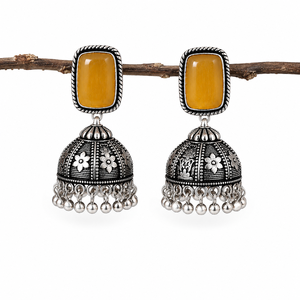 Pendientes Jhumka Rectangulares de Plata Oxidada Amarillo Miel al por Mayor, Joyería Étnica India Vintage Hecha a Mano para Mujer - Product Image 6