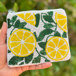Monedero de Cuentas con Diseño de Limón, Bolsa Hecha a Mano con Diseño de Cítricos, Bordado de Frutas Blancas y Amarillas, Cierre de Cremallera, Bolso de Mano Unisex para Niñas y Mujeres - Product Image 3