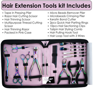 Kit d'outils pour extensions capillaires en kératine Rainbow, aiguilles à micro-perles en acier inoxydable, crochets, pinces, avec étui à fermeture éclair - Product Image 5