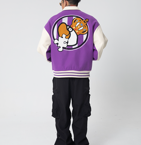 <b>Men's</b> Purple <b>White</b> Varsity <b>Jacket</b> Preppy Style Embroidered Patch Design Turn-down Collar Regular Fit Autumn Wear - Product Image 3