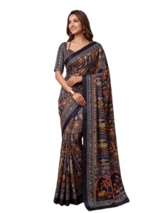 Traditional Indian Ethnic Digital Ajrak Print Chinon Floor-Length Elegant <b>Saree</b> Real Mirror Work <b>Blouse</b> for Women-Best Price - Product Image 4