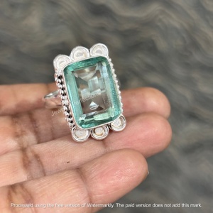 Rectangular Bohemia Silver Plated Natural Aquamarine Emerald Cut Gemstone <b>Rings</b> for Wedding Engagement Party <b>Statement</b> Wholesale - Product Image 1