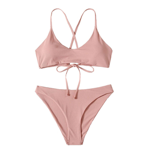 Wholesale Cross Hanging High Waist <b>Bikini</b> Push Anti-Bacterial Micro Bra Solid Front <b>Sexy</b> Women Bandage Two Piece Swimsuit - Product Image 3