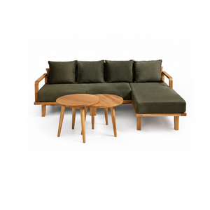 Conjunto de Sofá en Forma de L para Exteriores de Madera de Teca Sólida con Cojines Verde Oliva Oscuro y Mesas de Centro Redondas para Patio, Piscina, Hotel, Resort - Product Image 2