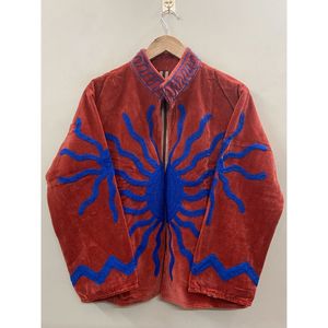 Hand Embroidered Velvet Cotton Jacket <b>Women</b> Mandarin Collar Full Sleeve Autumn Winter Bohemian Eye Pattern Open Front <b>Coat</b> - Product Image 1