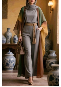 Robe Abaya élégante pour femmes en mousseline de soie ombrée avec hijab assorti, tenue modeste longue, manches larges, col rond, polyester - Product Image 3