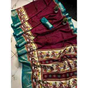 SAREE DE TRAVAIL À LA MODE DOLA SOIE JACQUARD BORDER AVEC CHEMISIER NON COUDU VIN - Product Image 1