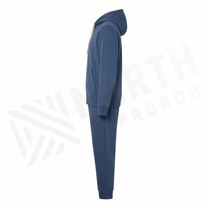 Survêtement unisexe bleu à capuche, sweat-shirt et pantalon de jogging à fermeture éclair intégrale, couleur unie, vêtements décontractés pour adultes, saison automne, 100% coton - Product Image 3