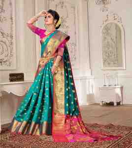 Pink And <b>Green</b> <b>Silk</b> Saree With Gold Embroidered Border Saree Traditional Indian Pakistani Wedding Wear For Women - Product Image 2