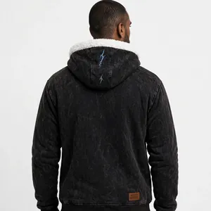 Sweat à capuche polaire personnalisé noir délavé à l'acide avec doublure en sherpa et motif double squelette éclair 2026 - Product Image 2