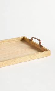 Plateau de service en bois naturel de luxe en gros pour hôtels, avec élégantes poignées en cuir marron et grain de bois artisanal - Product Image 3