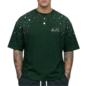 Trendy Style Men Custom High Quality All Over <b>Rhinestone</b> T Shirt Drop Sleeve Casual Solid Color 100% Cotton <b>Top</b> Clothing Supply - Product Image 1