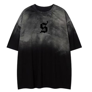 T-shirt oversize tie-dye pour homme, manches courtes, dégradé noir, imprimé lettres $, style streetwear, col rond, en coton tricoté - Product Image 1