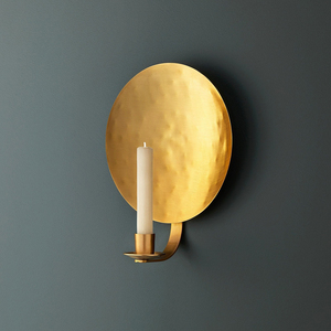 Modern Brushed Gold Metal <b>Wall</b> Sconce Displays A Hammered Circular Disc Backplate Supporting One <b>Candle</b> <b>Holder</b> For Decoration - Product Image 1