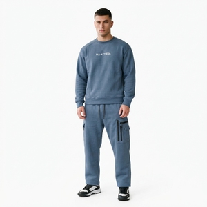 Conjunto de Sudadera Azul para Hombre, Pantalones Deportivos Cargo, Cuello Redondo, Bolsillos Utilitarios, Traje Deportivo de Dos Piezas, Ropa Casual Urbana - Product Image 1