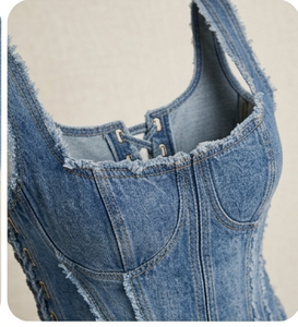 Denim Corset Crop <b>Top</b> Sleeveless Square Neck Bodycon Fitted Frayed Edges Washed Casual Summer Wear - Product Image 6