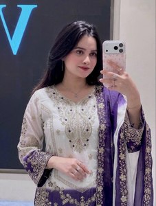 Stunning <b>White</b> And Purple Sequence Work Georgette Kurti <b>Palazzo</b> Set With Cutwork Sleeves Ethnic Party Wear Suit For Women - Product Image 4