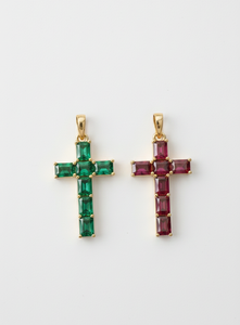 SARVOTTAM 14KT Gold <b>Emerald</b> Cut Octagon Cross Charm <b>Pendant</b> with Lab Grown Ruby Prong Setting IGI Certified for Women & Children - Product Image 3