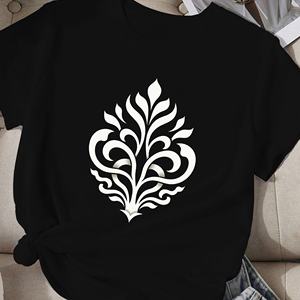 Camiseta Informal para Mujer con Motivo Botánico Abstracto, Cuello Redondo, Manga Corta, Corte Regular, Poliéster con Estampado por Transferencia de Calor - Product Image 4